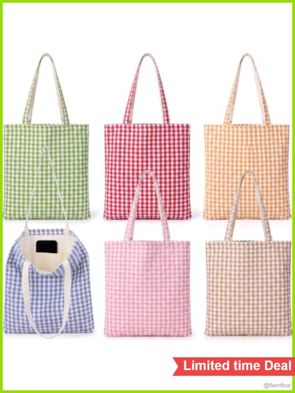 6 Pack Gingham Canvas Tote Bag Set Cotton Shoulder Bag with Inner Pocket